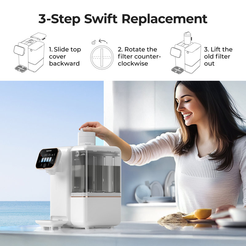 Filtration à 6 étapes pour purificateur d'eau de comptoir avec stérilisation et reminéralisation aux rayons UV sans installation, purificateur d'eau de comptoir à écran tactile Smart TDS sans installation, distribution d'eau quantifiée pour véhicule personnel