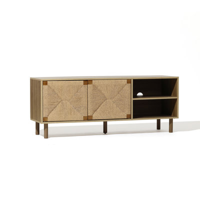 Walnut 55.1-Inch Wide TV Stand with Woven Rope Doors Mid-Century Modern
