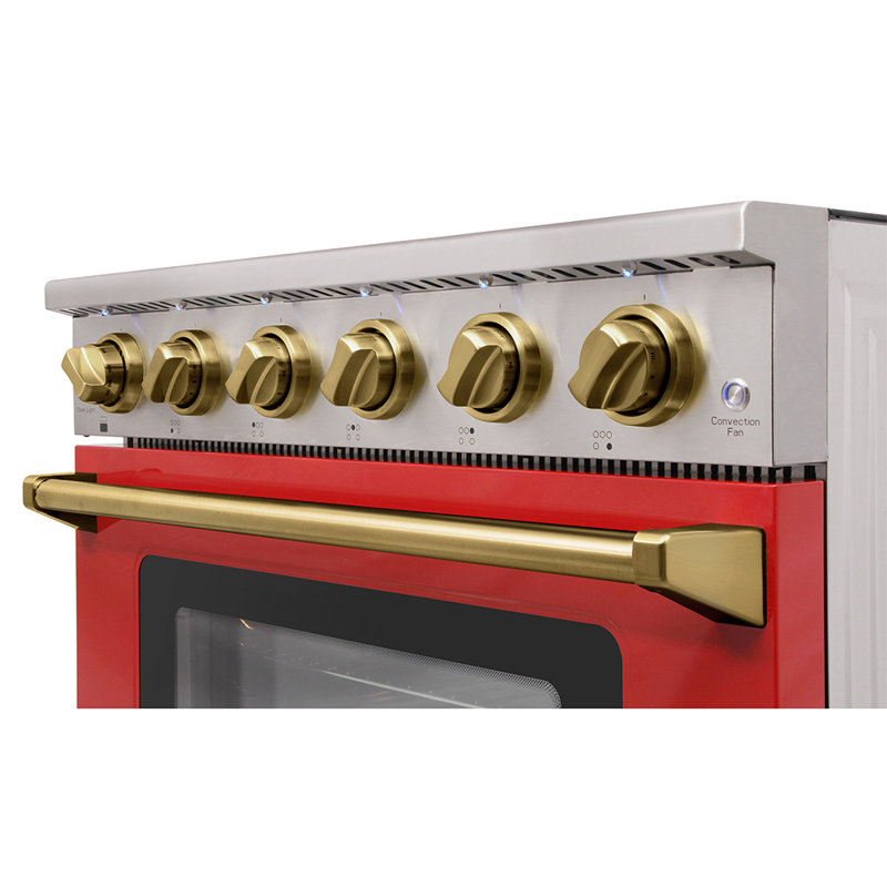 Cuisinière électrique professionnelle KOSTCH de 91 cm (36 po) avec surface de cuisson à 5 éléments chauffants, four à convection d'une capacité de 170 litres (6 pi³), four à surface en verre lisse rouge avec accents bronze
