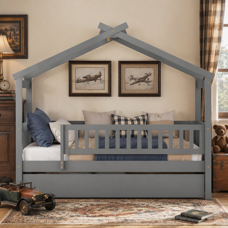 Lit enchanteur en bois avec lit gigogne, Gris