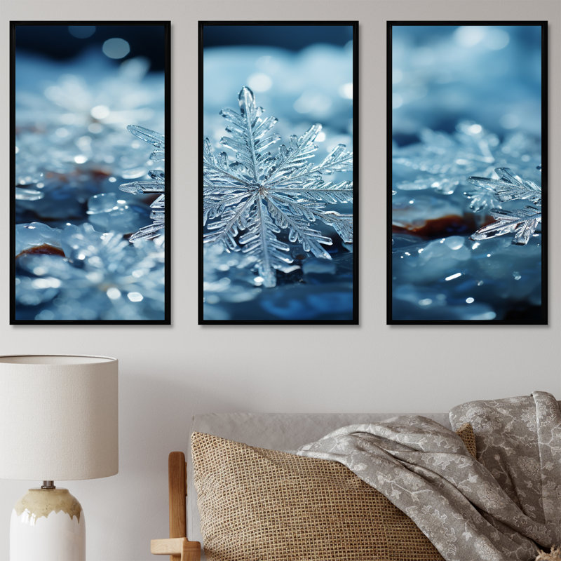«Sunrise Snowflake Tranquility V - Winter Landscape», art mural, Cadre flottant noir, H 28 po x l 36 po x P 1 po