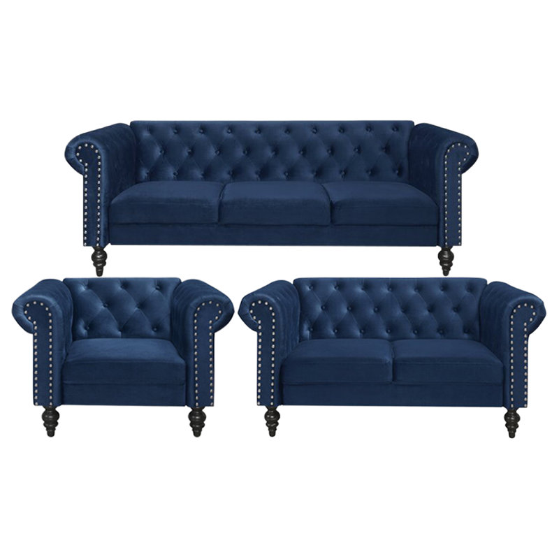 Canapé Chesterfield 84 po Channing, Velours bleu, H 30,5 po x l 84 po x P 30,5 po