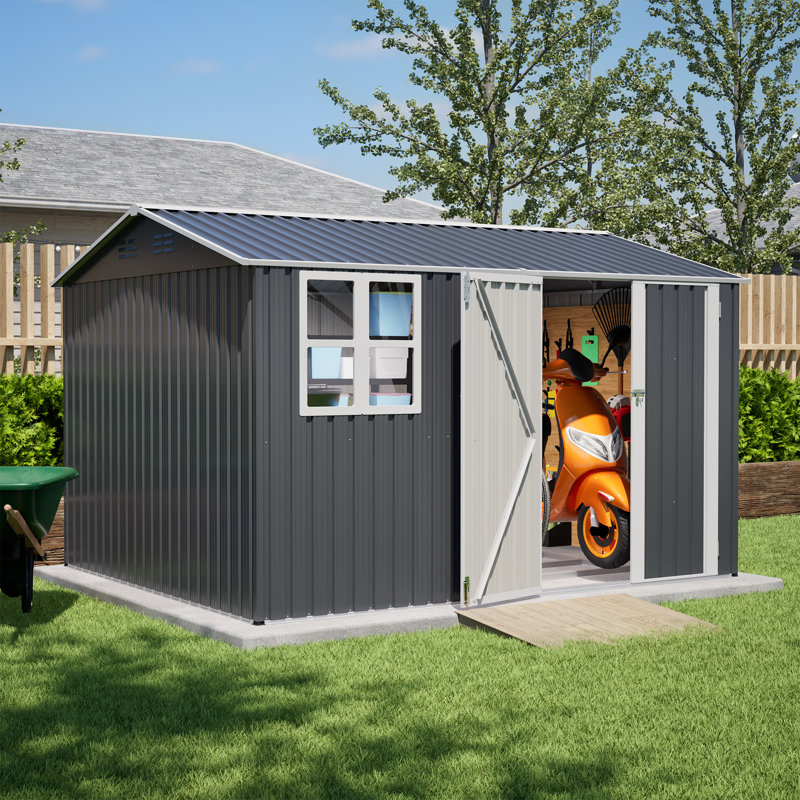 10X8 Ft Large Metal Outdoor Storage Shed With Transparent Window Garden Tool Shed W/Floor Fram And Side Door