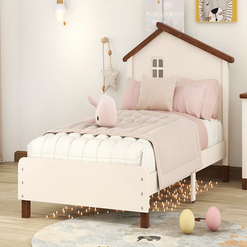 Michigantown Modern Wood Platform Bed Kids Beds with House-shaped Headboard, Twin, Cream