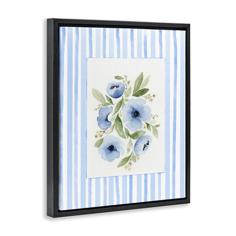 Fleurs avec cadre flottant à bordure rayée, design par Leah Noel Art, H 31 po x l 25 po, Cadre flottant noir de jais