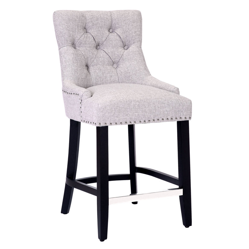 Linen Fabric Tufted Upholstered Counter Stool, Counter Stool (24” Seat Height), Light Gray Linen/Black Frame