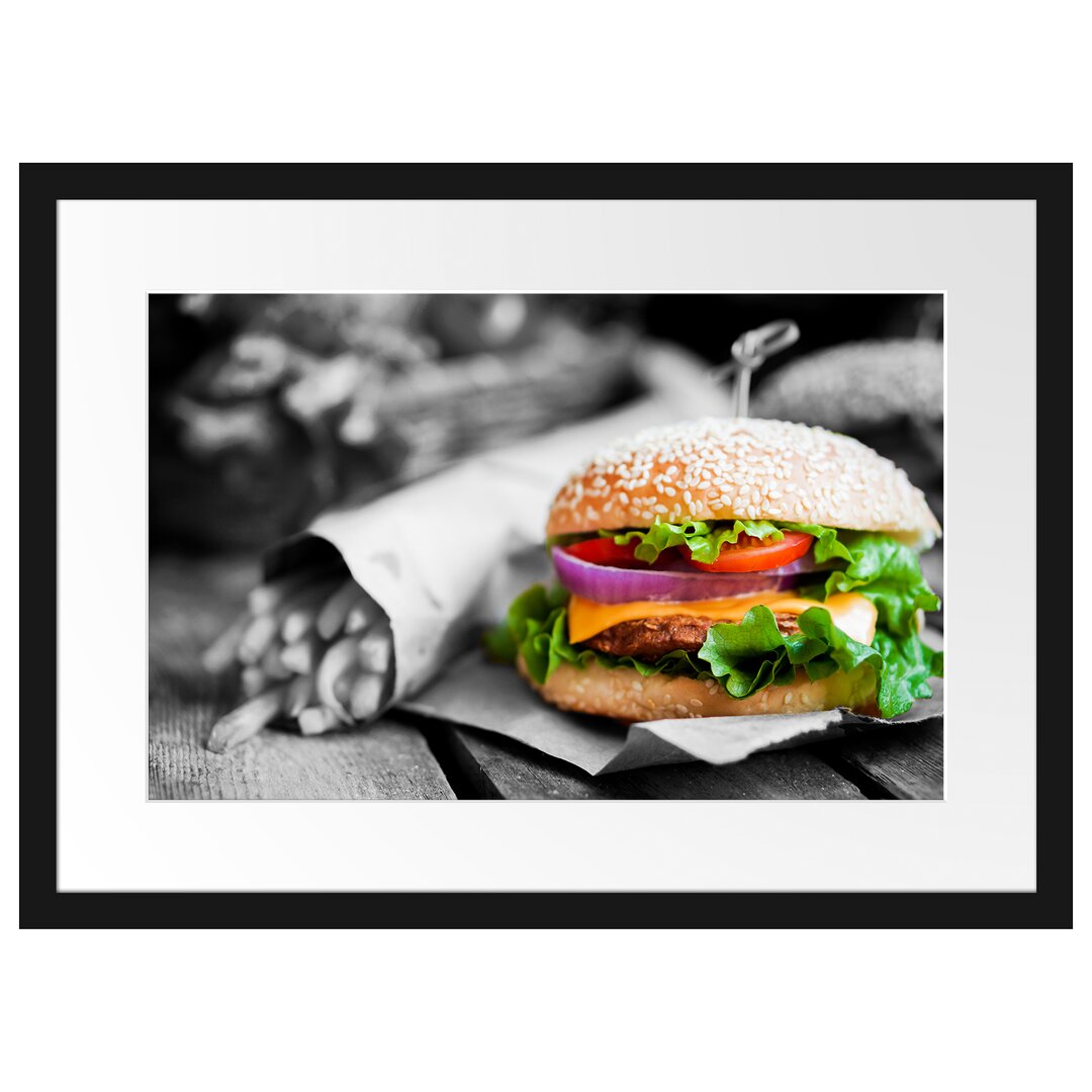 Gerahmtes Poster Burger mit Pommes