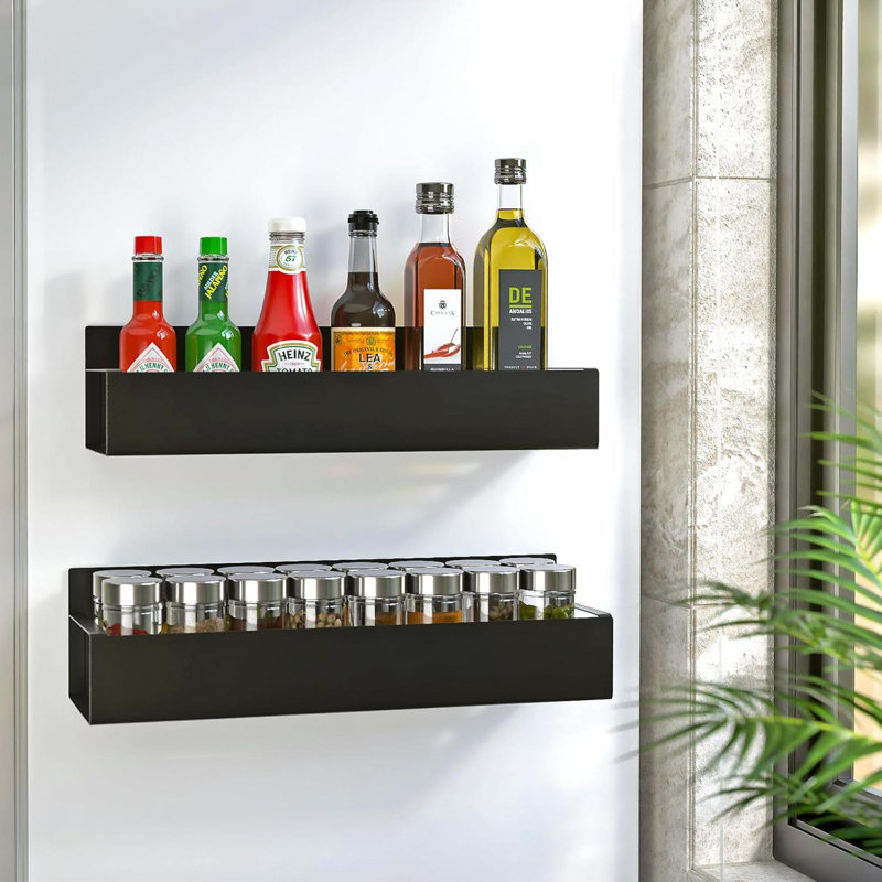 Support à épices magnétique pour réfrigérateur, organisateur d'épices magnétique mobile, 2 tablettes magnétiques en métal pour réfrigérateur et four à micro-ondes, peu encombrant pour la cuisine (noir)