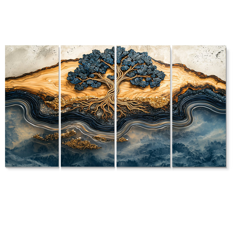 Aqua infini doré, arbre de vie III - art mural arbre de vie - décoration murale traditionnelle 4 pièces, H 28 po x l 48 po