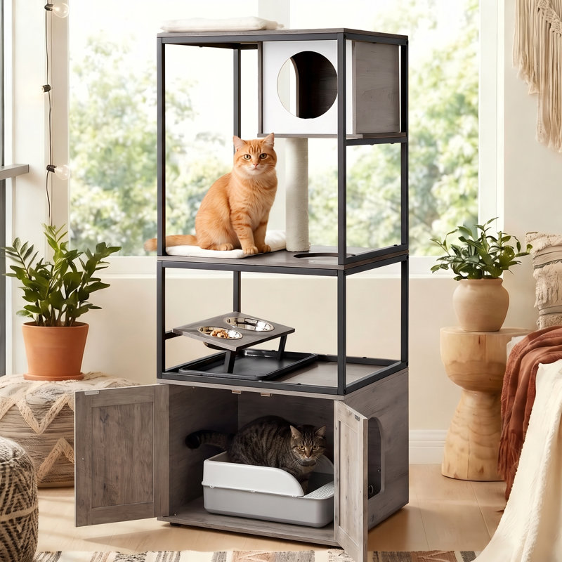 Maisonnette pour chat 58 po avec bac à litière et bols surélevés Kimmel, Greige / noir