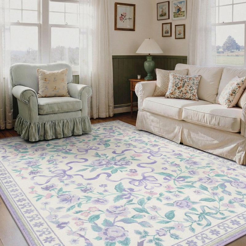 Atascadero Rosette & Bow Area Rug, French Country Floral Soft Kid Rug, Machine Washable, Inspired Faux Wool - High-Rebound Foam & Non-Slip Backing