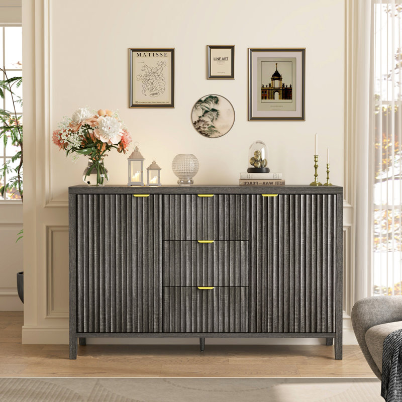 Black Fluted Wood Sideboard with Drawers and Doors, 46.5"