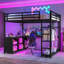 Lit mezzanine en métal avec garde-robe, bureau en forme de L et tablettes de rangement en métal pour une utilisation compacte et multifonctionnelle dans les espaces de vie modernes