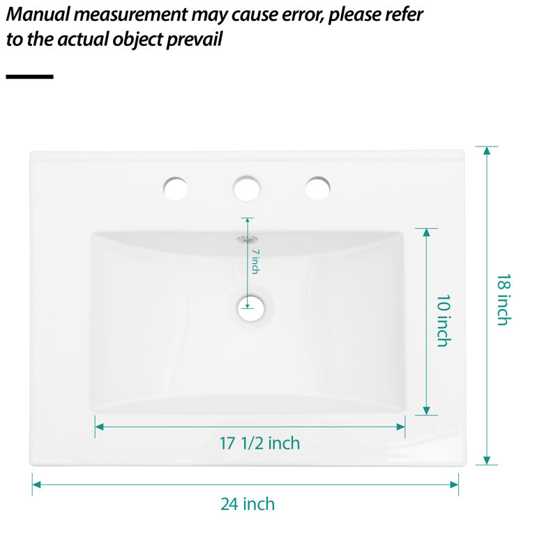 Plateau de meuble-lavabo rectangulaire blanc en céramique - 24 po x 18 po, teinté, trop-plein, 3 trous de robinet, système de trop-plein spacieux de 24 po x 18 po, espace généreux