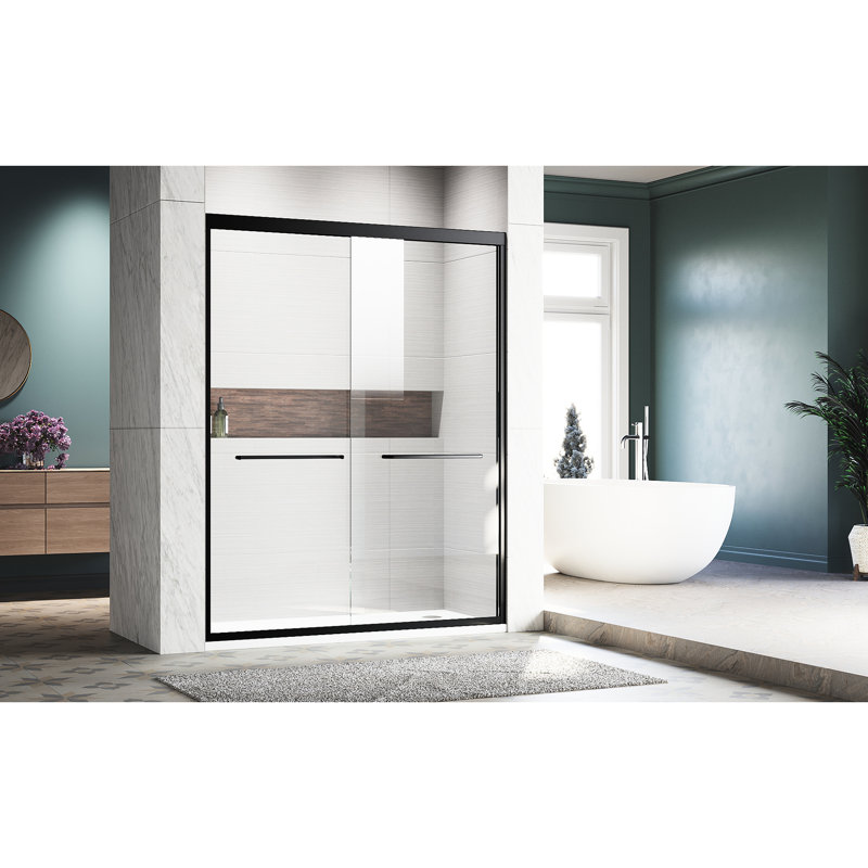 72 po Porte de douche coulissante H, type semi-réglable, verre trempé transparent épais, poignées en acier inoxydable 304, porte d'apparence noire, jeton, caractère unique