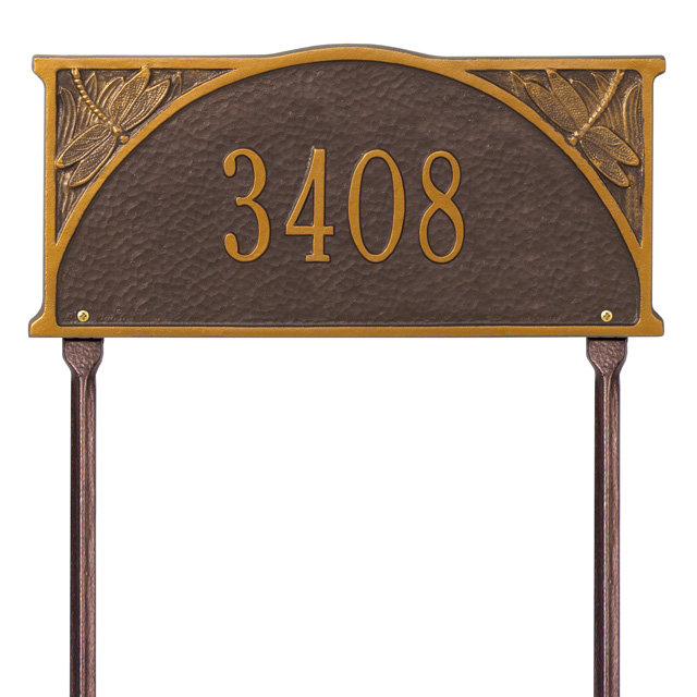 Dragonfly 1-Line Lawn Address Sign, Green and Gold, Yes