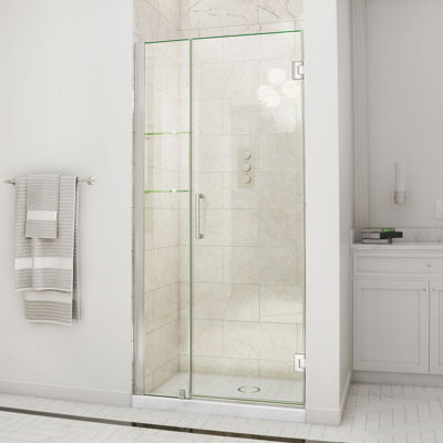 DreamLine Unidoor 38 - 39 inch W x 72 inch H Frameless Hinged Shower Door with Shelves in Brushed Nickel