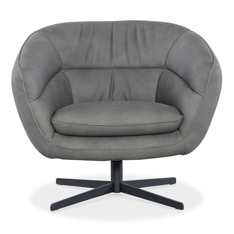 Gray Leather Barrel Swivel Chair with Metal Base