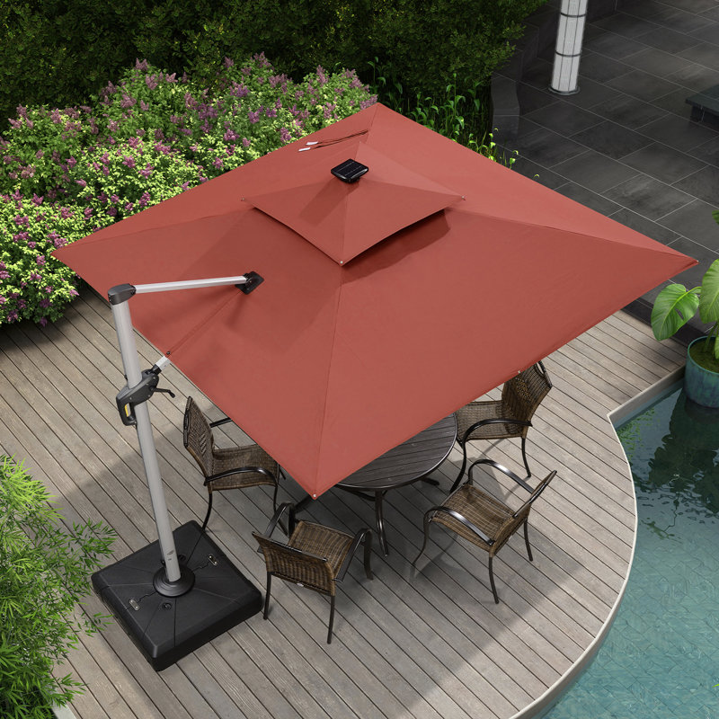 Parasol lumineux en porte-à-faux carré avec base 9 pi x 9 pi Lime, rouge brique, Rouge brique, l 108 po x P 108 po