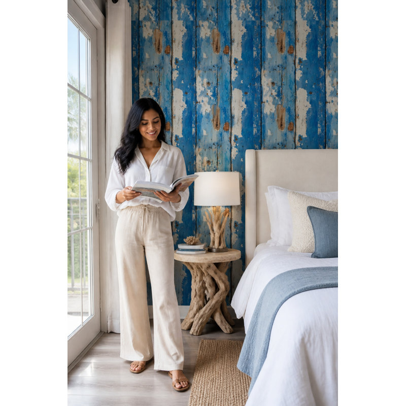Papier peint effet bois vieilli, lames bleues, amovible, peinture écaillée, double rouleau, Peel and Stick