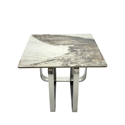 Rectangular End Table With Sintered Stone Top, Silver Metal Frame, For Living Room