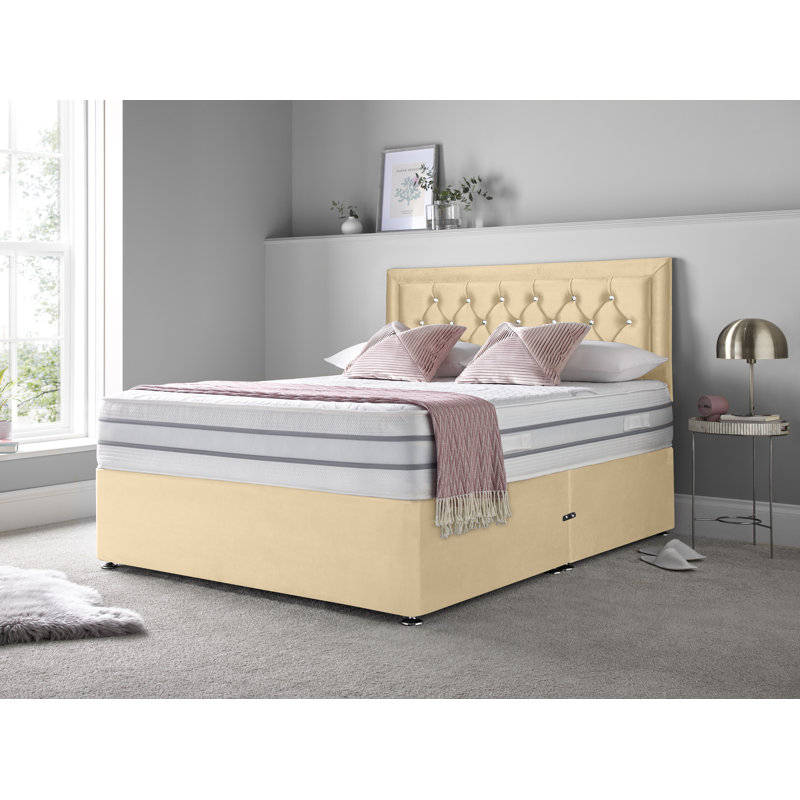 Annalise Upholstered Divan Bed with Mattress, Cream, Kingsize (5'), No Drawers