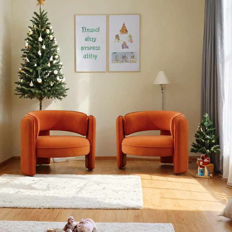 Fauteuil demi-tonneau rembourré 3 pieds Aylia, Velours orange