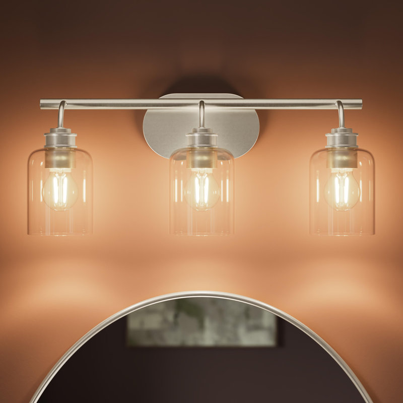 Ensemble de meuble-lavabo en nickel brossé à trois lumières avec abat-jour en verre transparent Reines, Nickel brossé