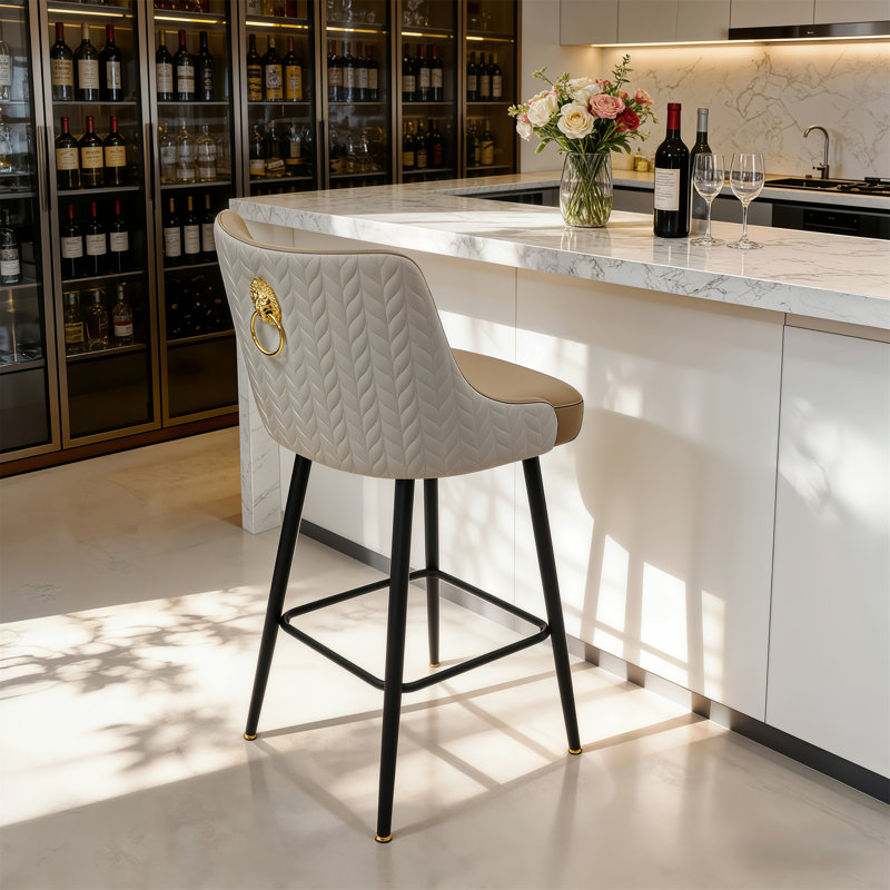 Bar Stool Upholstered Counter Height Bar Stool With Lion Knocker Breakfast Swivel Bar Chair For Kitchen Island, Cream, 1
