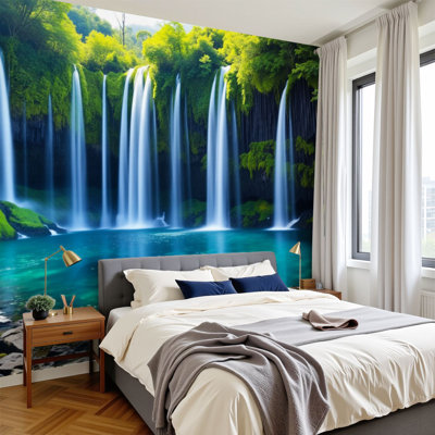 Papier peint adhésif pelez et collez, chute d'eau, forêt verte, décorations d'été, peinture murale, H 100 po x l 144 po, papier mural amovible en PVC, adhésif pour le salon de la chambre, bureau à domicile