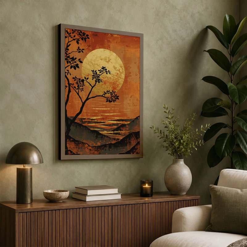 Moonlit Reflection Tree Minimalist - Wrapped Canvas, 18x12 - 45.7 x 30.5 cm, Ochre Border