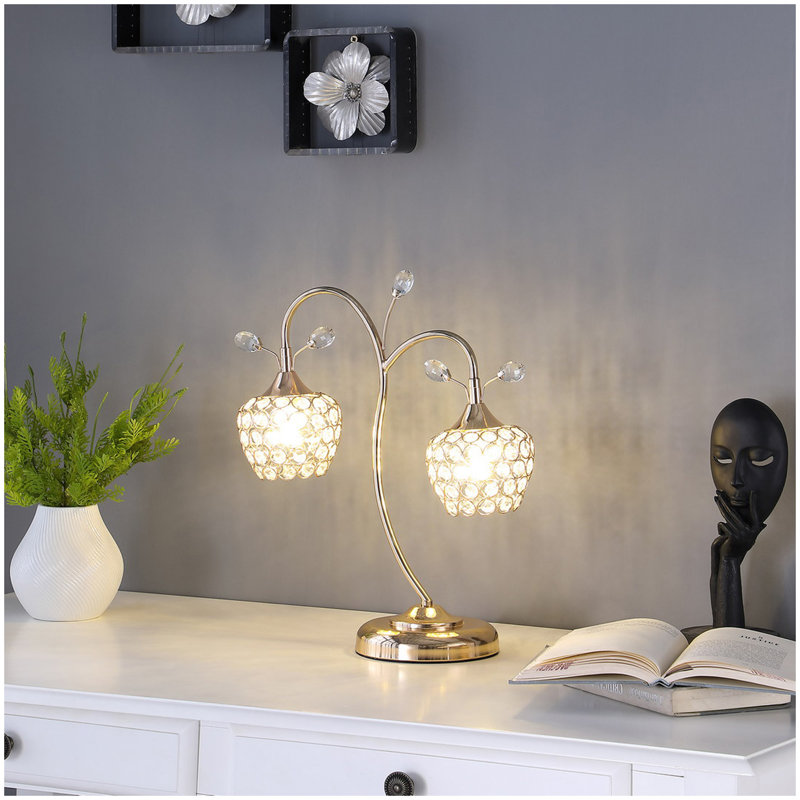 17.25" Rose Gold 2-Floral Bell Glam Metal Table Lamp