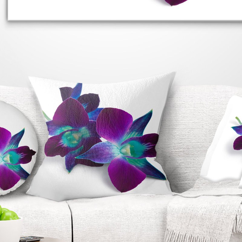 Orchidée mauve foncé sur fond blanc - imprimé floral, 16 po x 1 po, Coussin décoratif