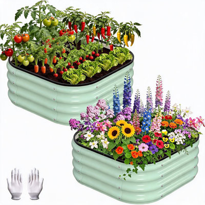 Gray 2 pcs 2x2x1FT Squircle Galvanized Raised Garden Bed Heavy Duty Metal Planter Box Multipurpose Squircle & Rectangular Design for Yard Outdoor Planting