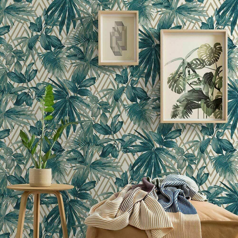 Treanor Teal Gold White Geometric Tropical Jungle Leaves Wallpaper 10m x 0.53m Textured Matte Roll