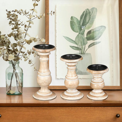 White Wash Wood Pillar Candle Holders, Set of 3