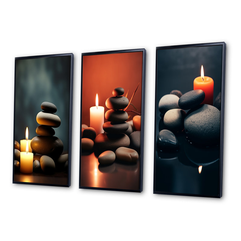 Bougie flamme zen pierre cairn sculpture équilibre - ensemble d'art spirituel en pierre de 3 pièces, Cadre flottant noir