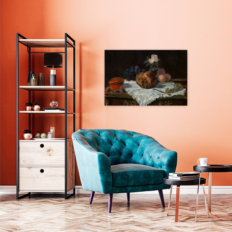 The Brioche, 1870 Impressionist Abstract Contemporary Rose Flower Fruit Wall Art Print by Edouard Manet - Wrapped Canvas Print
