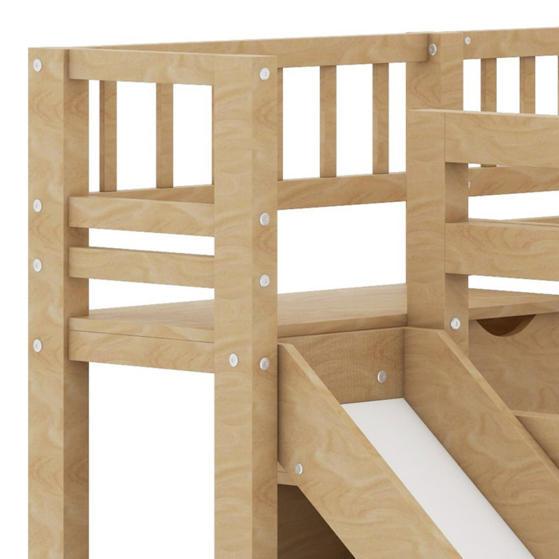 Lit superposé robuste avec escalier de rangement, glissade amusante et lit gigogne, Walnut