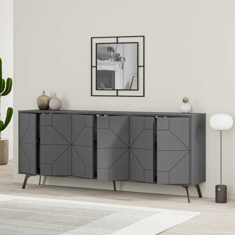 183cm Wide Modern Geometric Sideboard Storage with Push-to-open Doors, Anthracite