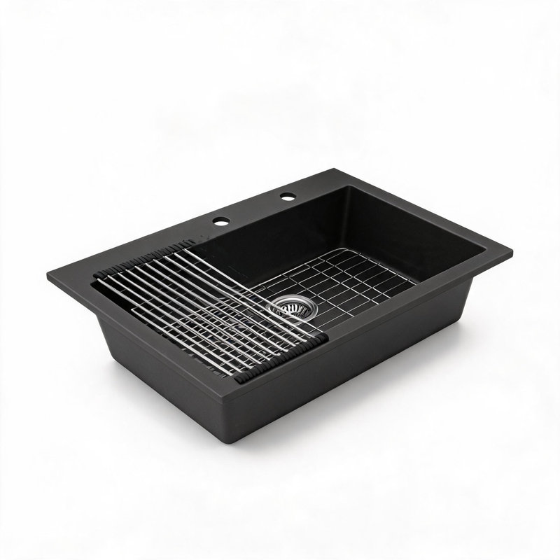 Évier de cuisine encastré en composite de quartz noir de 84 cm x 56 cm x 25 cm avec bonde arrière