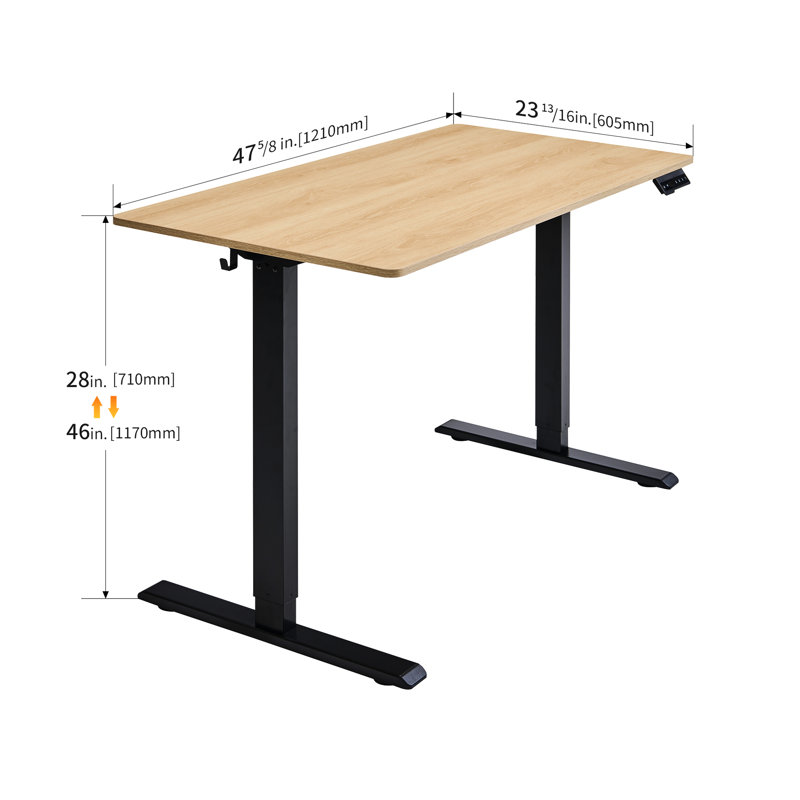 Bureau assis-debout électrique, 61 x 122 cm, bois naturel, plateau monobloc, trois hauteurs préréglées, silencieux, hauteur réglable, plateau rectangulaire, design ergonomique.