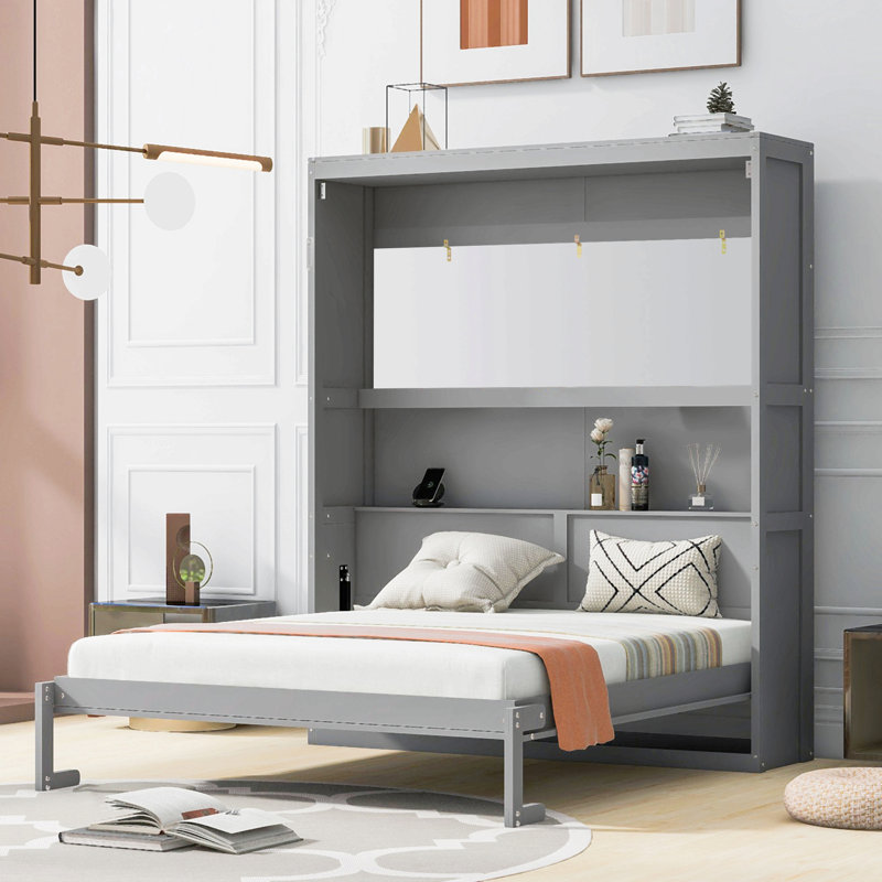Lit escamotable mural avec tablettes Murphy, Gris, Grand lit