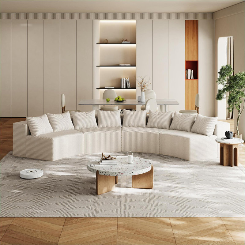 Sectional Sofas | Modern Curved 4-Module Modular Sofa with 8 Pillows, for Living Room Bedroom Office | Corduroy | Beige