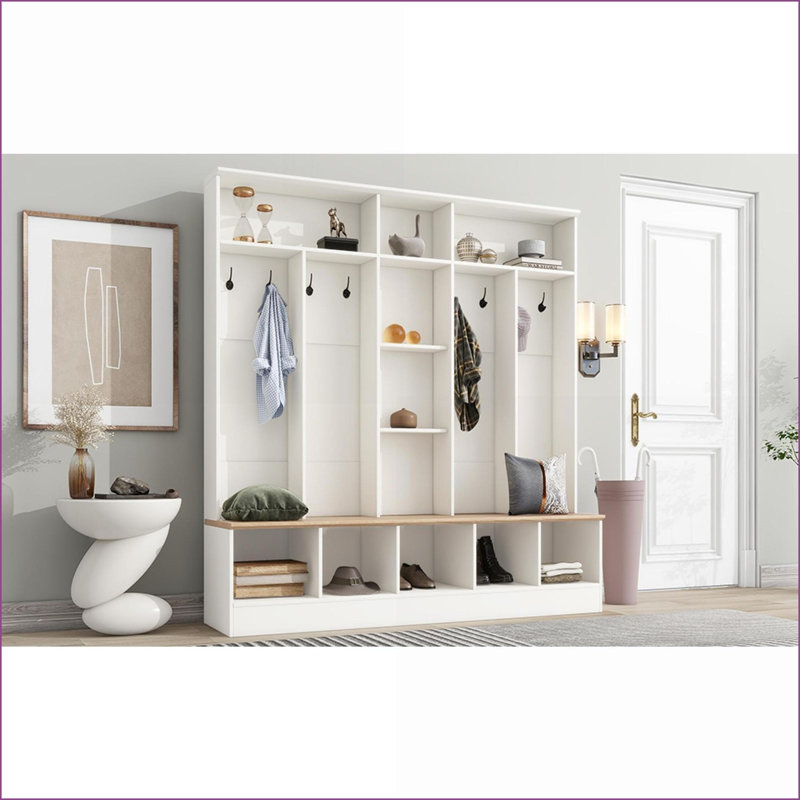 Hall d'entrée, rangement multifonctionnel pour vestibule 4 en 1 avec portemanteau, casiers à chaussures et amp; Banc, noir moderne | Noir | Panneau de particules