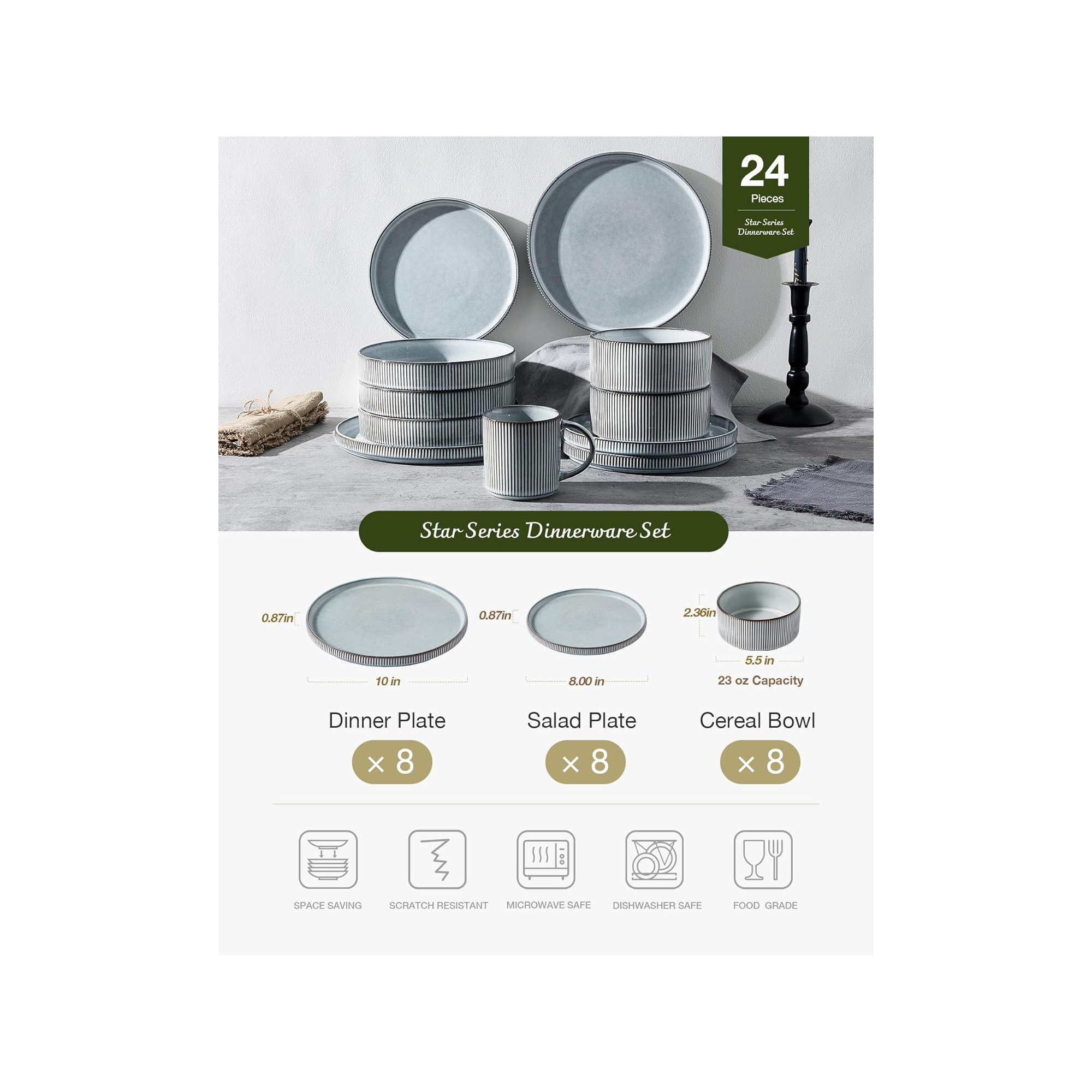 Famiware 24 Piece Dinnerware Set, Service for 8, Smoky Blue