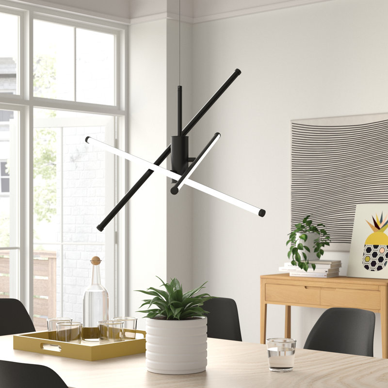 Lustre linéaire moderne de style Spoutnik à 3 lumières Hulse, Noir, H 12,5 po x l 28,5 po x P 28,5 po
