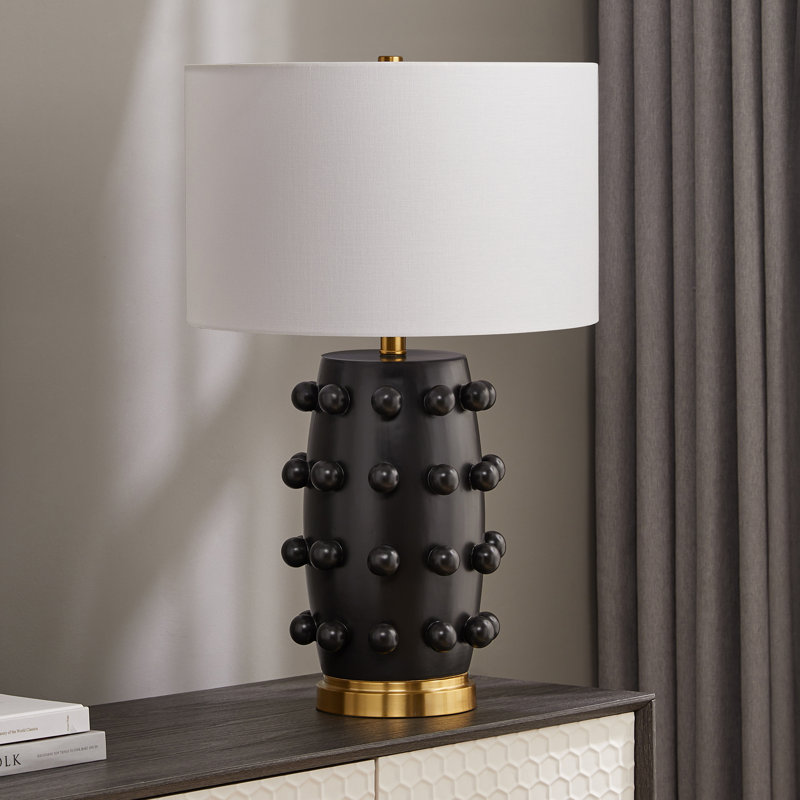 Lampe de table haute en céramique 26 po avec abat-jour en tissu noir mat / blanc Farrington, Noir mat / Or