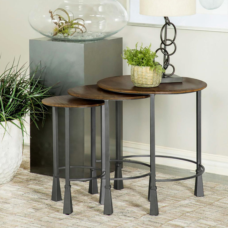 Table contemporaine - imbrication bois de manguier et bronze industriel pour les tables intérieures: finition naturelle