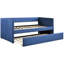 Lit de jour moderne en bois avec revêtement en tissu texturé bleu et lit gigogne coulissant, rembourrage, structure solide-1245417827